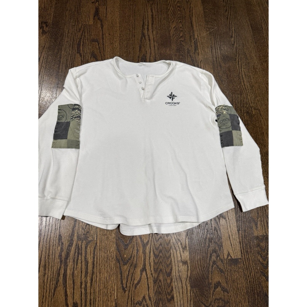Crooks & Castles Mens White 1/4 Button Up Waffle‎ Knit Long Sleeve Size Large